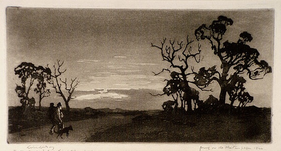 Artist: LINDSAY, Lionel | Title: The Sundowner | Date: 1921 | Technique: aquatint and burnishing, printed in black ink,  from one plate | Copyright: Courtesy of the National Library of Australia