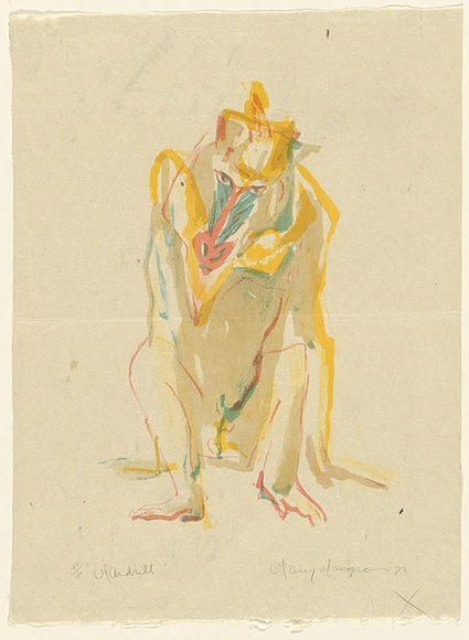 Artist: b'MACQUEEN, Mary' | Title: b'Mandrill' | Date: 1972 | Technique: b'lithograph, printed in colour, from multiple plates' | Copyright: b'Courtesy Paulette Calhoun, for the estate of Mary Macqueen'