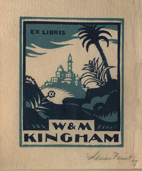 Artist: b'FEINT, Adrian' | Title: b'Bookplate: W & M Kingham.' | Date: (1929) | Technique: b'wood-engraving, printed in colour, from two blocks in light and dark blue inks' | Copyright: b'Courtesy the Estate of Adrian Feint'