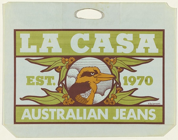 Artist: b'UNKNOWN' | Title: b'Shopping Bag: La Cassa - Australian Jeans.' | Date: 1980s | Technique: b'screenprint'