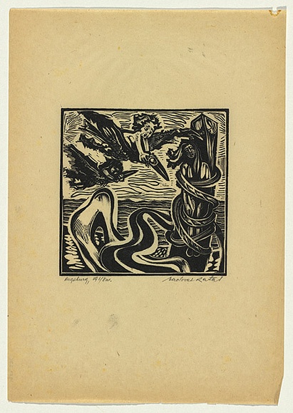 Artist: b'Ratas, Vaclovas.' | Title: b'Tied to the stake' | Date: 1948 | Technique: b'woodcut, printed in black ink, from one block'