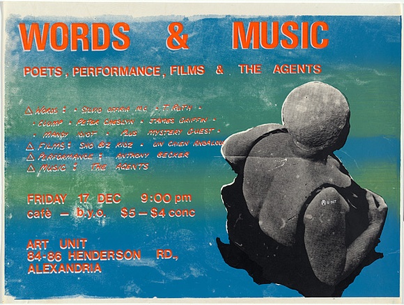 Artist: b'MERD INTERNATIONAL' | Title: b'Words and music' | Date: c.1985 | Technique: b'screenprint, printed in colour, from three stencils'