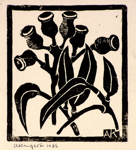 Artist: b'Kingston, Amie.' | Title: b'Birthday card for Jocelyn: Gumnuts' | Date: 1986 | Technique: b'linocut, printed in black ink, from one block'