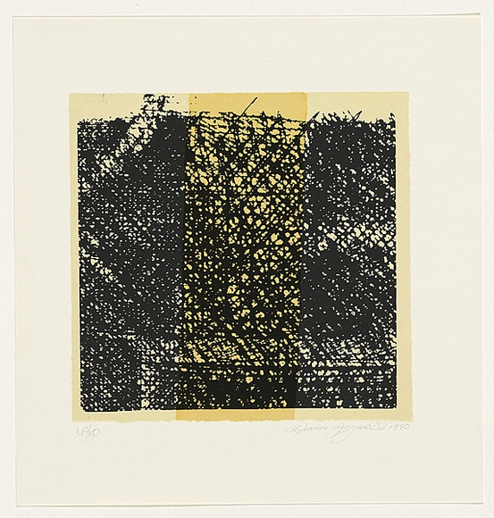 Artist: Fogwell, Dianne. | Title: not titled [mesh pattern with block overlay] | Date: 1980 | Technique: screenprint, printed in colour, from three stencils