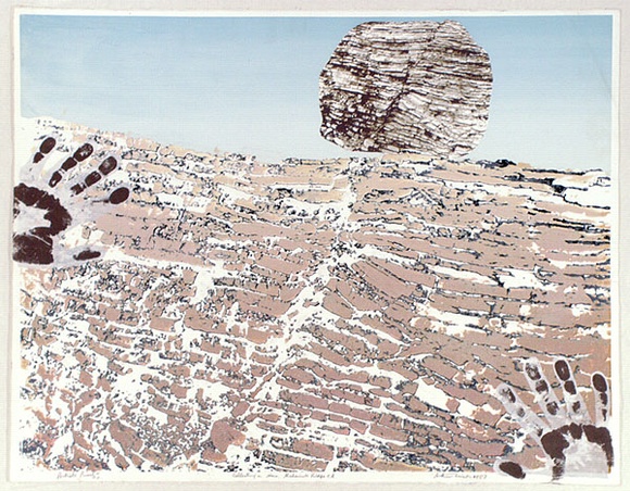 Artist: WICKS, Arthur | Title: Collecting a stone, Alchemists Ridge | Date: 1983 | Technique: photo-screenprint, printed in black ink, from one stencil