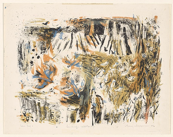 Artist: b'MACQUEEN, Mary' | Title: b'Landscape with birds' | Date: 1963 | Technique: b'lithograph, printed in colour, from multiple plates' | Copyright: b'Courtesy Paulette Calhoun, for the estate of Mary Macqueen'