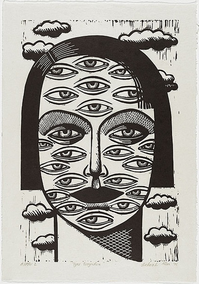 Artist: b'Klein, Deborah.' | Title: b'Eyes everywhere' | Date: 1996 | Technique: b'linocut, printed in black ink, from one block'