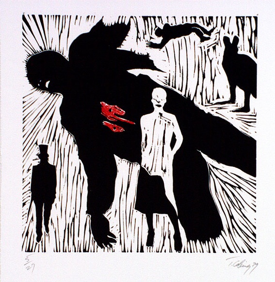 Artist: b'COLEING, Tony' | Title: b'not titled [shot figure].' | Date: 1979 | Technique: b'linocut, printed in colour, from two blocks'