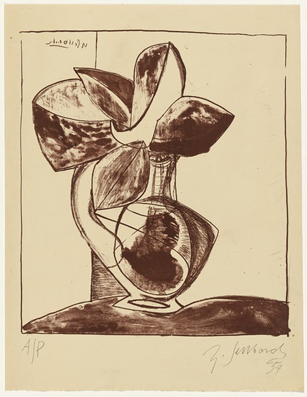 Artist: b'SELLBACH, Udo' | Title: b'(Jug of leaves)' | Date: 1954 | Technique: b'lithograph, printed in brown ink, from one stone [or plate]'