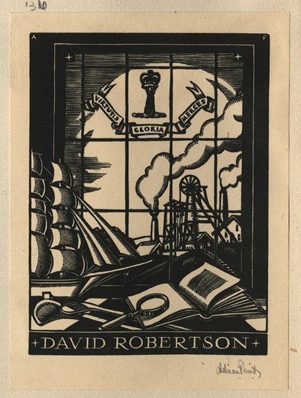 Artist: b'FEINT, Adrian' | Title: b'Bookplate: David Robertson.' | Date: (1934) | Technique: b'wood-engraving, printed in black ink, from one block' | Copyright: b'Courtesy the Estate of Adrian Feint'