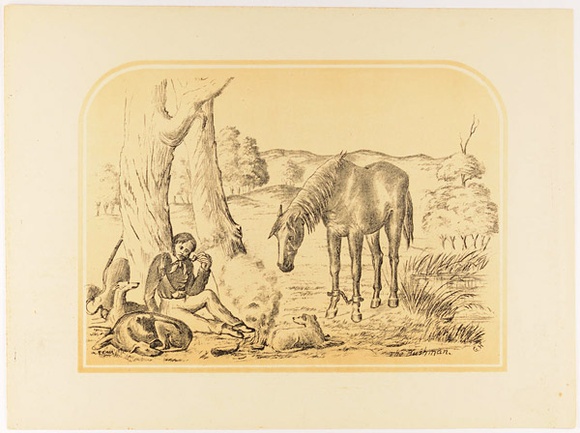 Title: b'The bushman.' | Date: c. 1889 | Technique: b'transfer-lithograph, printed in black and buff ink, from two stones'