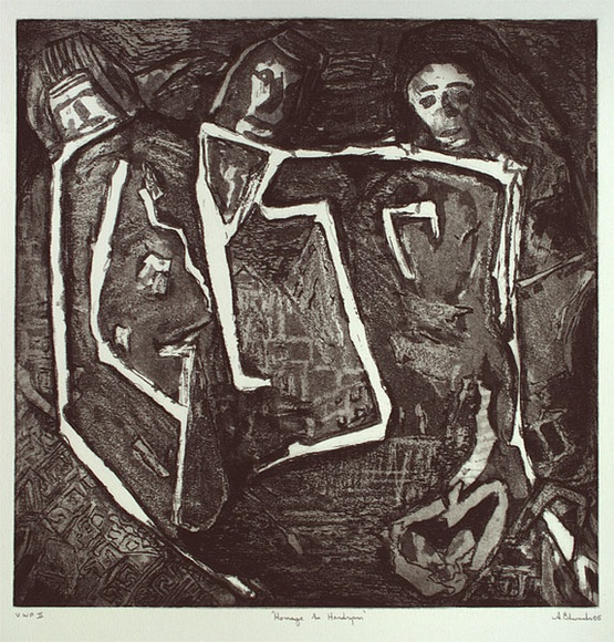 Artist: b'Edwards, Annette.' | Title: b'Homage to handspan' | Date: 1985 | Technique: b'etching and aquatint, printed in black ink, from one plate'