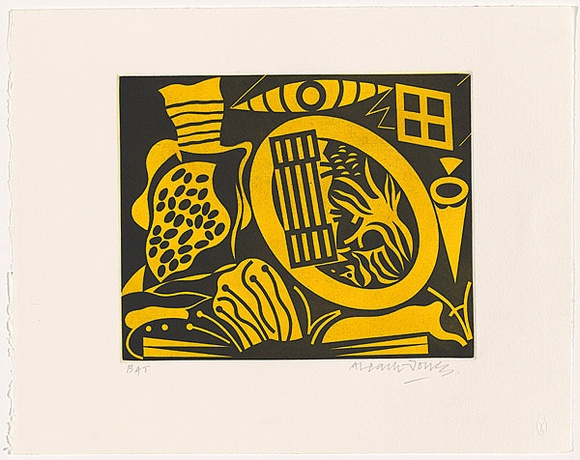 Artist: b'LEACH-JONES, Alun' | Title: b'not titled [yellow shapes on black background including eye, window and cone in top right corner].' | Date: 2005 | Technique: b'etching and aquatint, printed in colour, from two plates'