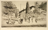 Artist: LINDSAY, Lionel | Title: Old Education Department from the Lands Office | Date: 1936 | Technique: etching, printed in brown ink with plate-tone, from one copper plate | Copyright: Courtesy of the National Library of Australia