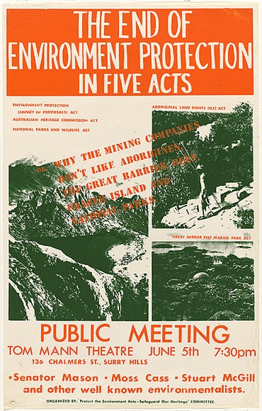 Artist: b'Lightbody, Graham.' | Title: b'The end of environment protection in five acts' | Date: 1978 | Technique: b'screenprint, printed in colour, from two stencils' | Copyright: b'Courtesy Graham Lightbody'