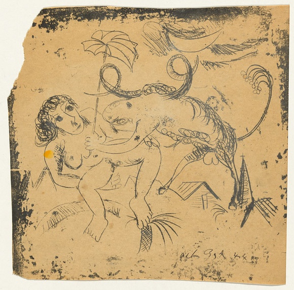 Artist: b'BOYD, Arthur' | Title: b'(Nude and ram with umbrella).' | Date: 1944 | Copyright: b'Reproduced with permission of Bundanon Trust'