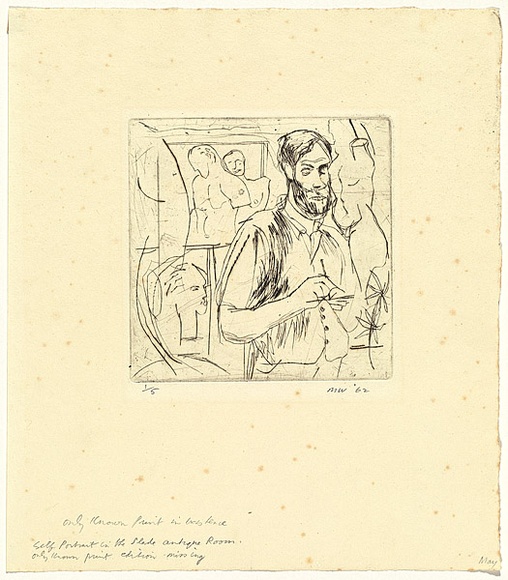 Artist: b'WALKER, Murray' | Title: b'Self portrait in the Slade antique room' | Date: 1962 | Technique: b'drypoint, printed in black ink, from one plate'