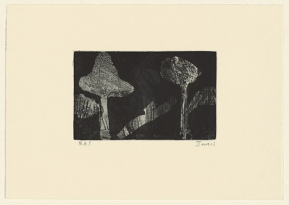 Artist: b'Murphey, Idris.' | Title: b'Not titled [ambiguous landscape- three trees and long shape in centre with dark background].' | Date: 2002 | Technique: b'open-bite and aquatint, printed in black ink, from one plate'