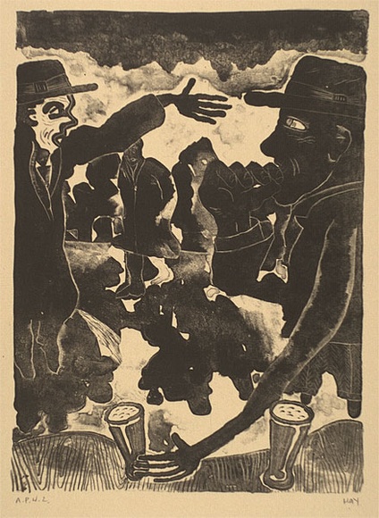 Artist: b'Hay, Bill.' | Title: b'not titled [one figure smoking while grasping a beer, another figure pointing with a small figure in the background]' | Date: 1989, August | Technique: b'lithograph, printed in black ink, from one stone'
