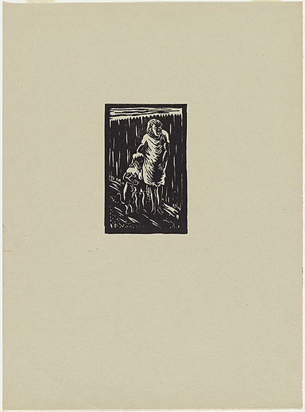 Artist: b'Carter, Maurie.' | Title: b'(Woman, child and cat).' | Date: 1949 | Technique: b'linocut, printed in black ink, from one block'