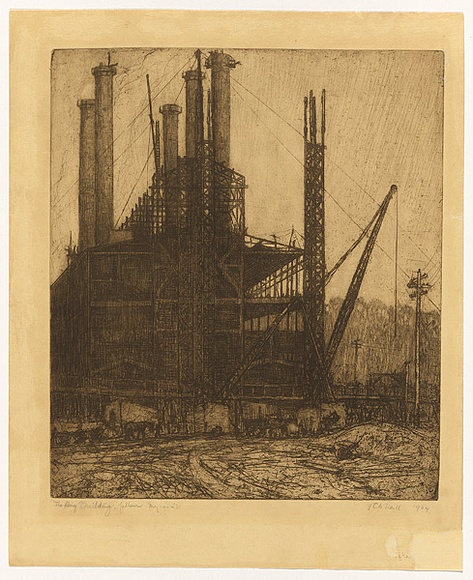 Artist: b'TRAILL, Jessie' | Title: b'The big building, Yallourn, May 1924.' | Date: 1924 | Technique: b'etching, printed in black ink with plate-tone, from one plate'