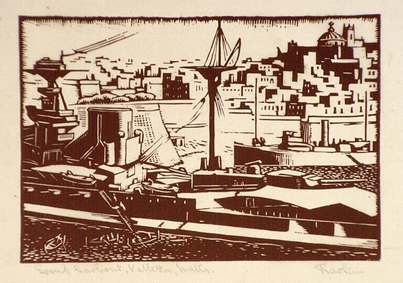 Artist: b'Hawkins, Weaver.' | Title: b'Grand harbour, Valletta, Malta' | Date: c.1928 | Technique: b'wood-engraving, printed in brown ink, from one block' | Copyright: b'The Estate of H.F Weaver Hawkins'