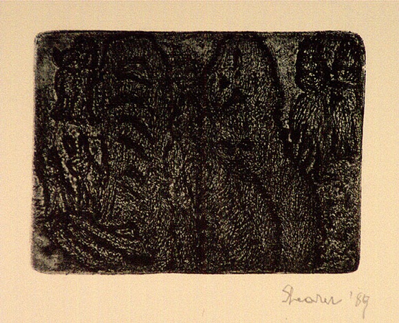 Artist: b'Shearer, Mitzi.' | Title: b'not titled' | Date: 1989 | Technique: b'etching, printed in brown/black ink, from one  plate'