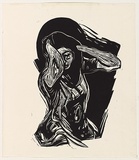 Title: not titled [woman holding her head] | Date: c.1970 | Technique: linocut, printed in black ink, from one block