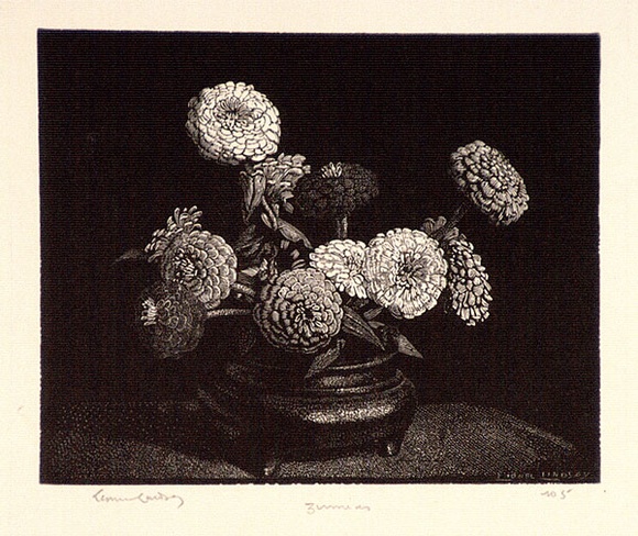 Artist: b'LINDSAY, Lionel' | Title: b'Zinnias' | Date: 1924 | Technique: b'wood-engraving, printed in black ink, from one block' | Copyright: b'Courtesy of the National Library of Australia'