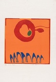 Artist: b'MEYER, Bill' | Title: b'Cow red, blue feet' | Date: 1960 | Technique: b'linocut, printed in four colours, by block reduction process, from one block' | Copyright: b'\xc2\xa9 Bill Meyer'