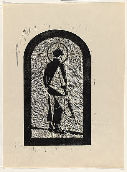 Artist: b'SIBLEY, Dan' | Title: b'not titled  [boy with gun].' | Date: 2003 | Technique: b'woodcut, printed in black ink, from one wood block'