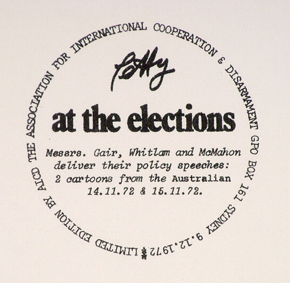 Artist: b'Petty, Bruce.' | Title: b'Petty at the election. Association for International Cooperation & Disarmament.' | Date: 1972