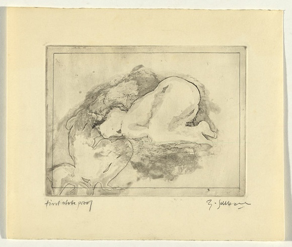 Artist: b'SELLBACH, Udo' | Title: b'(Crouching body)' | Date: (1965) | Technique: b'etching with burnishing printed in black ink, from one plate'