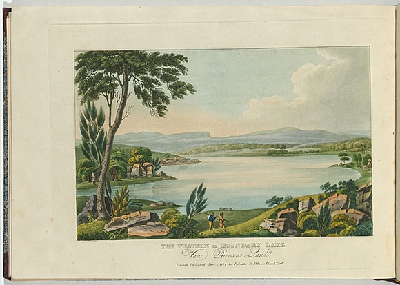 Artist: b'LYCETT, Joseph' | Title: bThe Western or Boundary Lake, Van Diemen's Land. | Date: 1824 | Technique: b'etching and aquatint, printed in black ink, from one copper plate; hand-coloured'