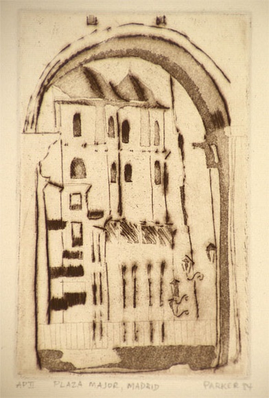 Artist: b'Parker, Margaret' | Title: b'Plaza Major, Madrid' | Date: c.1984 | Technique: b'etching, printed in brown ink, from one plate'