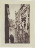 Artist: LINDSAY, Lionel | Title: The waiting gondola, Venice | Date: 1930 | Technique: etching, printed in black ink with plate-tone, from one plate | Copyright: Courtesy of the National Library of Australia