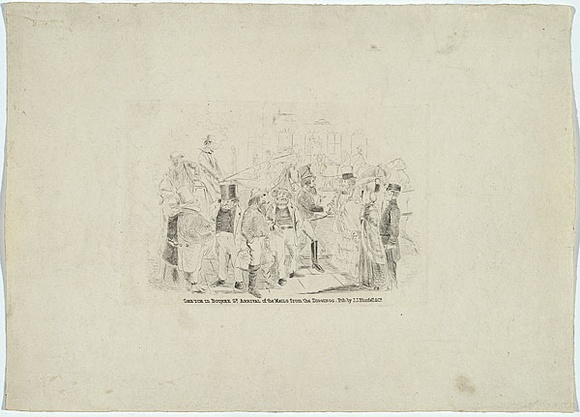 Artist: b'Thomson,' | Title: b'Sketch in Bourke Street, arrival of the mails from the diggings.' | Date: c.1855 | Technique: b'etching, printed in black ink, from one copper plate'