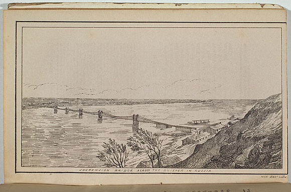 Artist: b'Ham Brothers.' | Title: b'Suspension bridge across the Dnieper in Russia.' | Date: 1850 | Technique: b'lithograph, printed in black ink, from one stone'