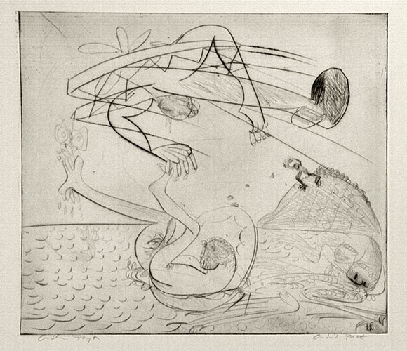 Artist: b'BOYD, Arthur' | Title: b'Bert Hinkler and Polyphemus.' | Date: (1968-69) | Technique: b'drypoint, printed in black ink, from one plate' | Copyright: b'Reproduced with permission of Bundanon Trust'