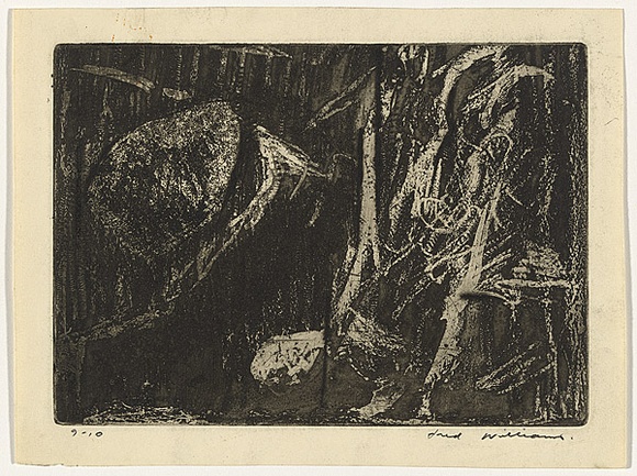 Artist: b'WILLIAMS, Fred' | Title: b'Rocks and bush, Mittagong' | Date: 1958 | Technique: b'flat biting over lithographic crayon, aquatint, engraving and drypoint, printed in black ink, from one copper plate' | Copyright: b'\xc2\xa9 Fred Williams Estate'