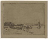 Artist: b'Bell, George..' | Title: b'(River with boats and buildings).' | Date: c.1912 | Technique: b'etching, printed in black ink, from one plate'