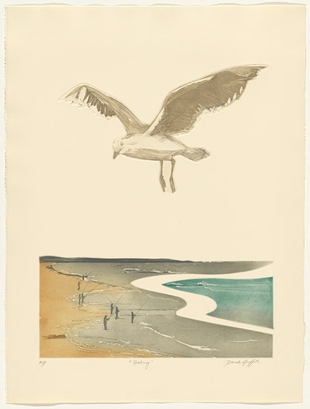 Artist: b'GRIFFITH, Pamela' | Title: b'Fishing' | Date: 1987 | Technique: b'hardground-etching, aquatint and burnishing, printed in colour, from three shaped zinc plates' | Copyright: b'\xc2\xa9 Pamela Griffith'