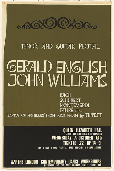Title: b'Tenor and guitar recital: Gerald England and John Williams...Queen Elizabeth Hall.' | Date: c.1967 | Technique: b'screenprint, printed in colour, from two stencils'