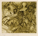 Artist: b'Shearer, Mitzi.' | Title: b'Double image' | Date: 1980 | Technique: b'etching, printed in olive green ink, from one  plate'