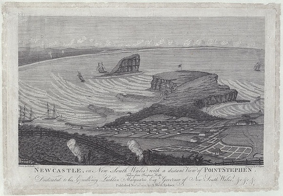 Title: b'Newcastle in New South Wales with a distant view of Point Stephen. Taken from Prospect Hill.' | Date: 1812 | Technique: b'engraving, printed in black ink, from one copper plate'