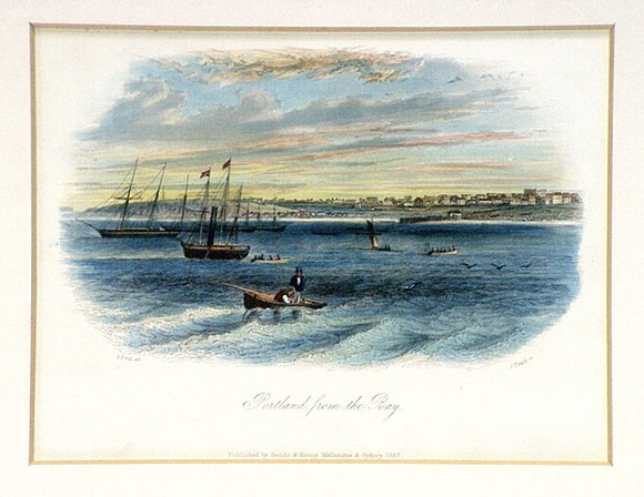 Title: b'Portland from the Bay' | Date: 1857 | Technique: b'etching, printed in black ink, from one plate; hand-coloured'