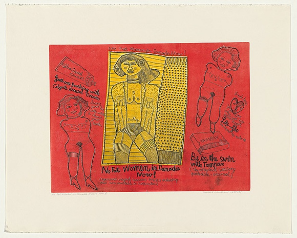 Artist: b'HANRAHAN, Barbara' | Title: b'No fat woman in Canada now!' | Date: 1985 - 89 | Technique: b'etching, printed in colour in intaglio and relief, from one plate'