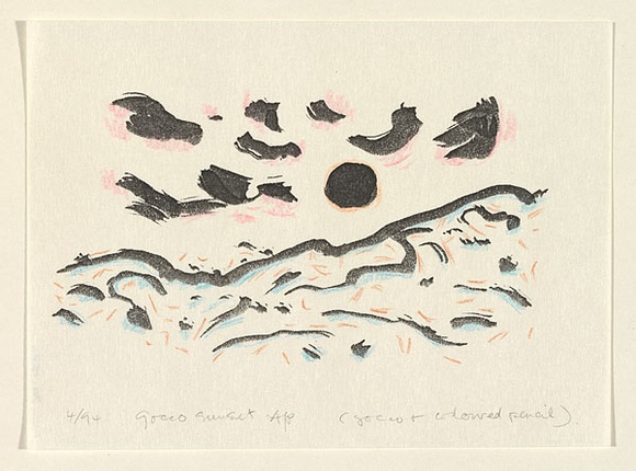 Artist: b'Dawson, Janet.' | Title: b'Gocco sunset.' | Date: 1994, April | Technique: b'offset-lithograph, printed in black ink, with coloured pencils' | Copyright: b'\xc2\xa9 Janet Dawson. Licensed by VISCOPY, Australia'