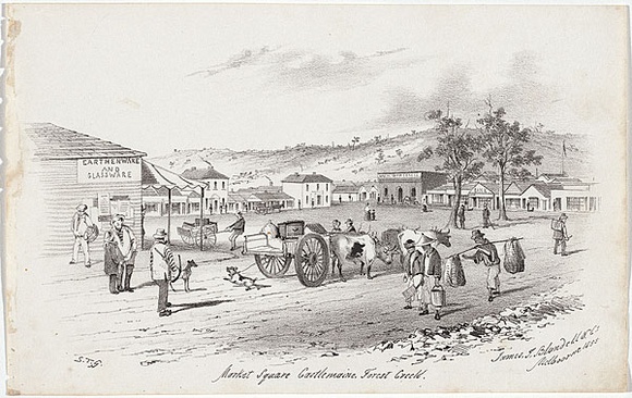 Artist: b'GILL, S.T.' | Title: b'Market Square Castlemaine, Forest Creek.' | Date: 1855-56 | Technique: b'lithograph, printed in black ink, from one stone'