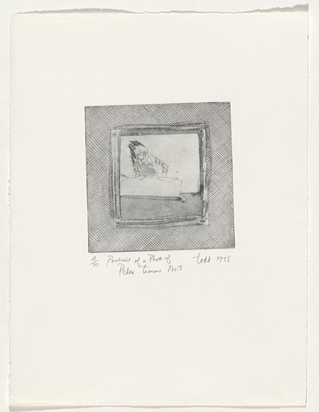 Artist: b'Todd, Geoff.' | Title: b'Portrait of a photo of Peter Timms number 3' | Date: 1978 | Technique: b'etching and aquatint, printed in black ink, from one plate' | Copyright: b'This work appears on screen courtesy of the artist and copyright holder'